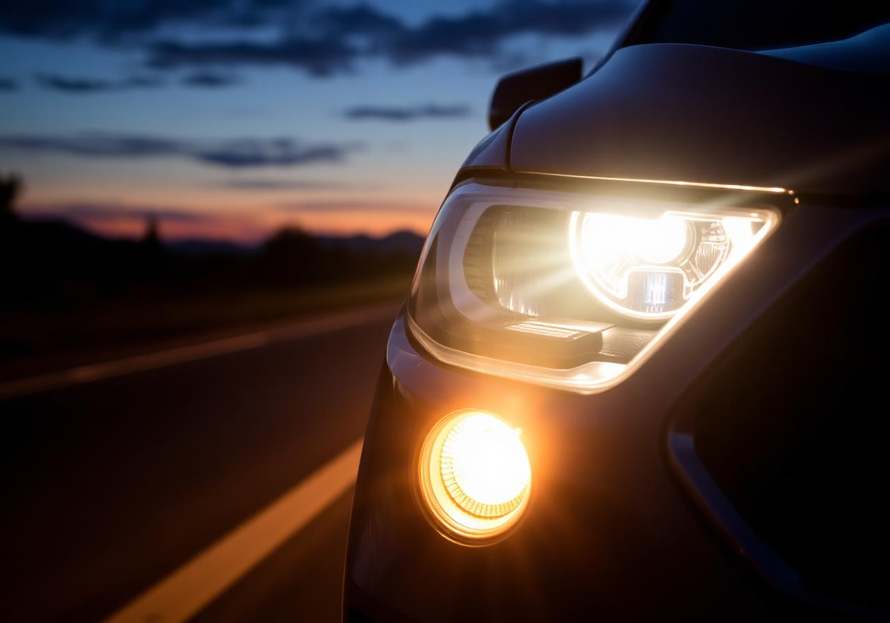 Bright restored headlights illuminating the road at dusk