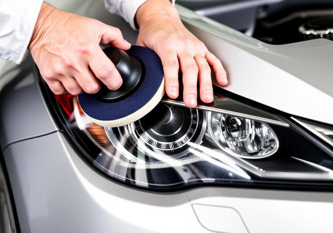 Technician polishing a headlight with a buffing pad